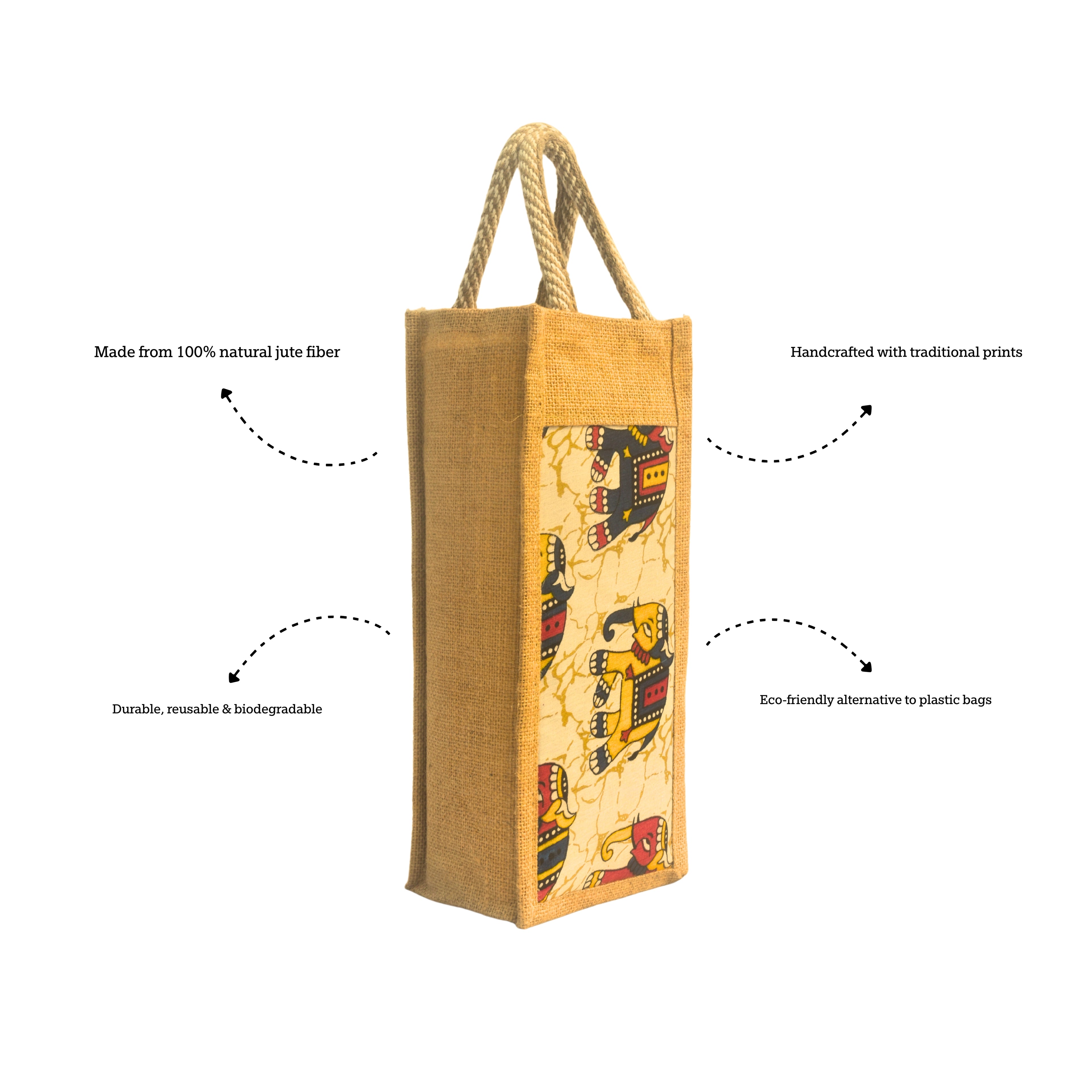 Gajgamini | Printed Bottle Carrier Jute Bag