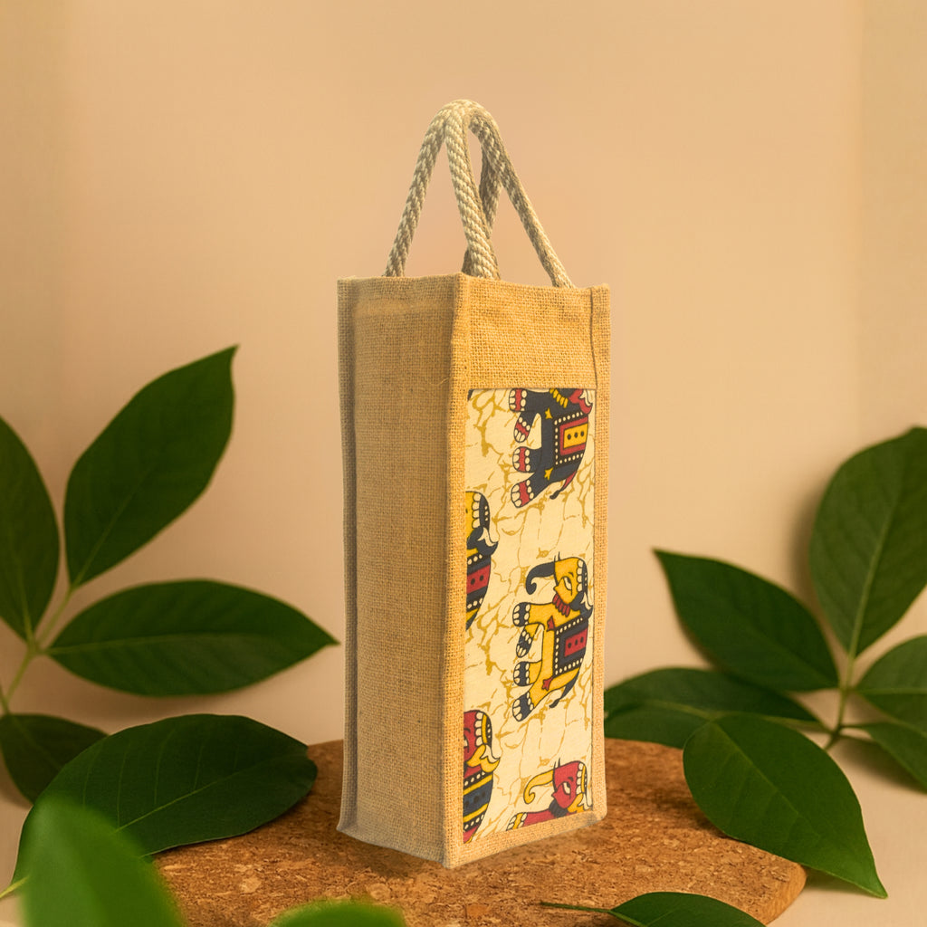 Gajgamini | Printed Bottle Carrier Jute Bag