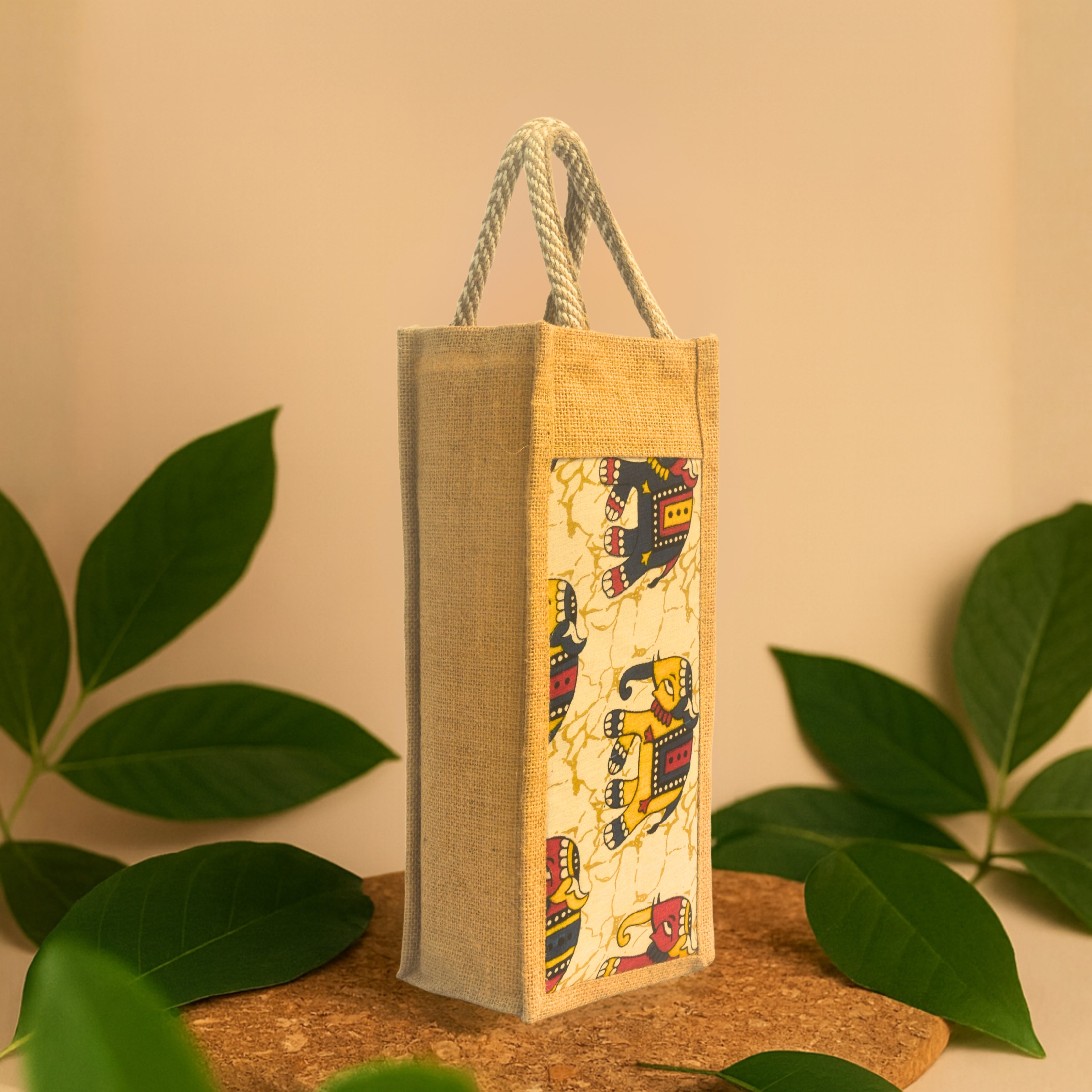 Gajgamini | Printed Bottle Carrier Jute Bag
