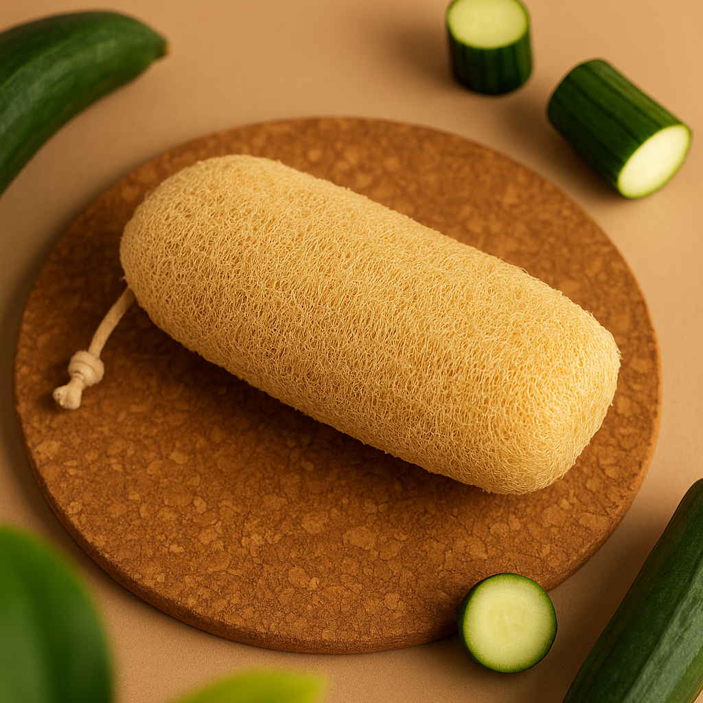 Loofah sponge on a cork board with sliced cylinder guard on a beige background