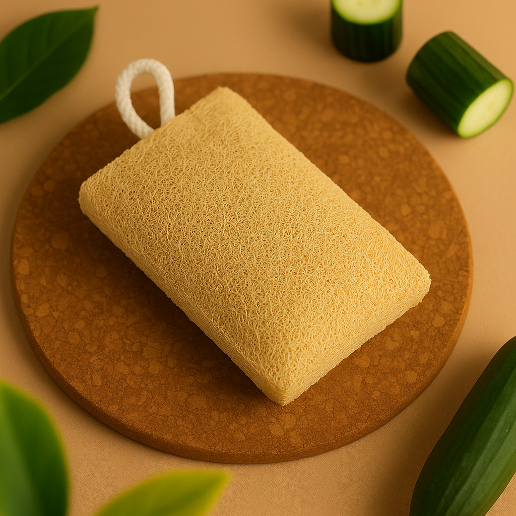 Natural Loofah on a wooden board with cylindrical guard and green leaves on a beige background